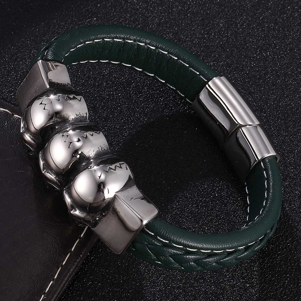 Fashion Charm Skull Stainless Steel Leather Braided Men Bracelet Jewelry Skull Punk Bangles Accessories
