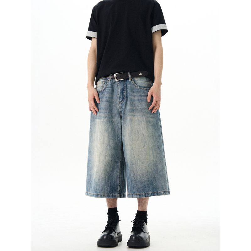 Kisko American Retro Bamboo Texture Washed Vintage Wide-Leg Denim Shorts Unisex New Loose Cropped Pants Ins