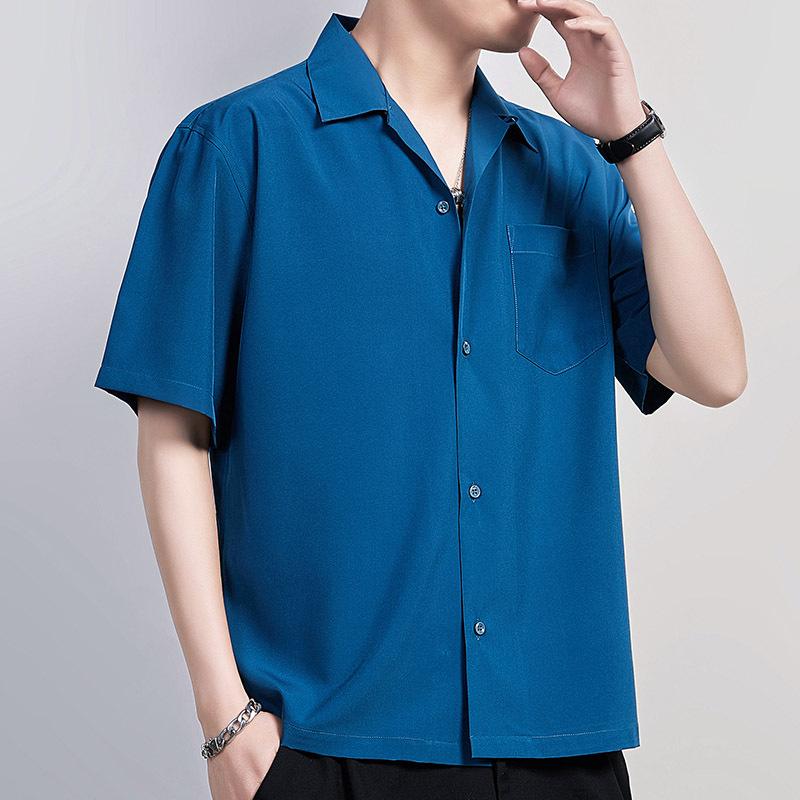 

Мужская рубашка со свободным воротником и короткими рукавами, новая летняя однотонная повседневная рубашка с карманами XXXL павлин голубой