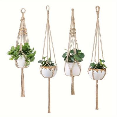 A Set of Bohemian-style items4Handmade Woven Plant Hanging Basket Set - Indoor Hanging Flower Pot Stand with Adjustable Length Is Suitable for Home