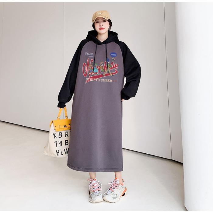 Maternity clothing autumn and winter new hooded pullover sweater medium and long dress large size fleece thickened top coat M темно-серого
