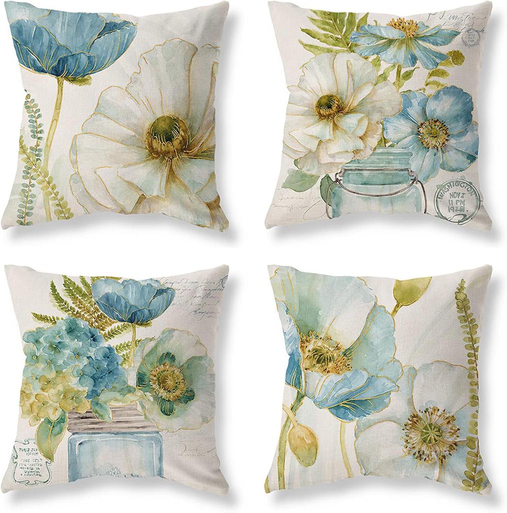 Blue Floral Throw Pillow Covers Set Of 4 Vintage Flower Bird Pillow Covers Decorative Outdoor Patio Pillow Cases Cushions Cover