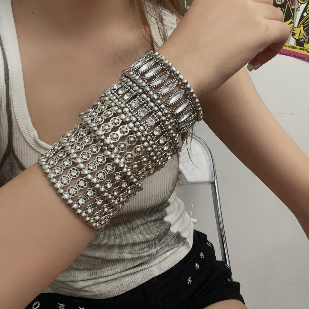Retro Luxury Sliver Geometric Double Row Super Sparkling Rhinestone Wide Bracelets for Women Girl Y2K Jewelry Gifts