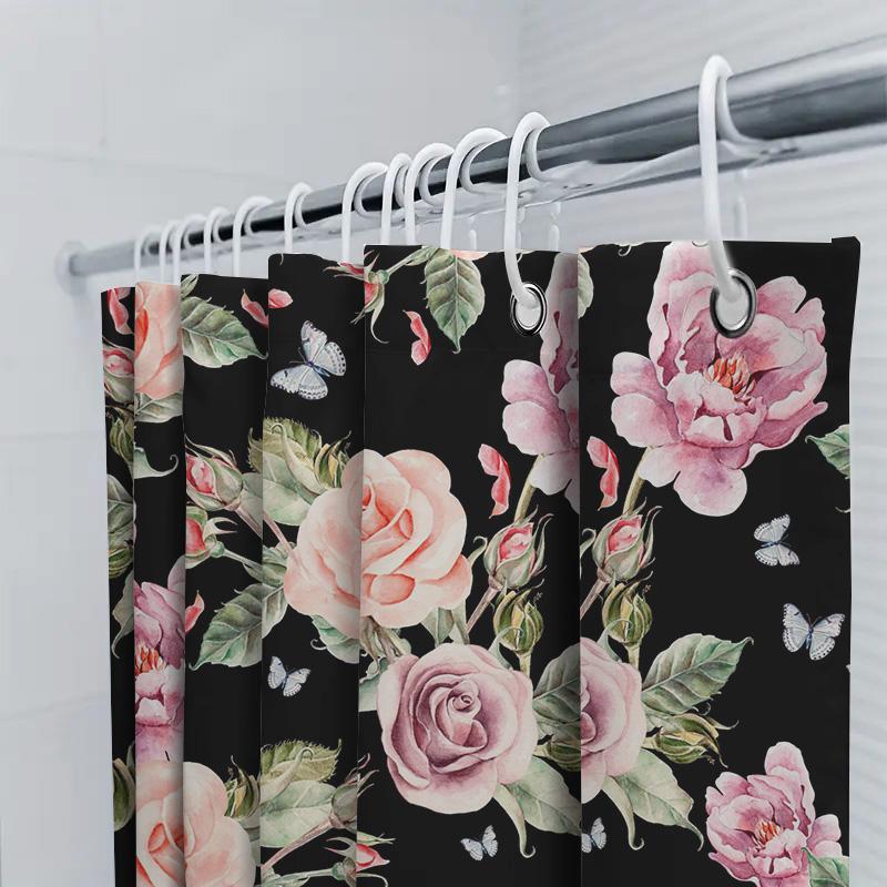 Watercolor Floral Shower Curtain Black Pink Rose Garden Decor Home Bathroom Decoration Customizable Size Available For Purchase