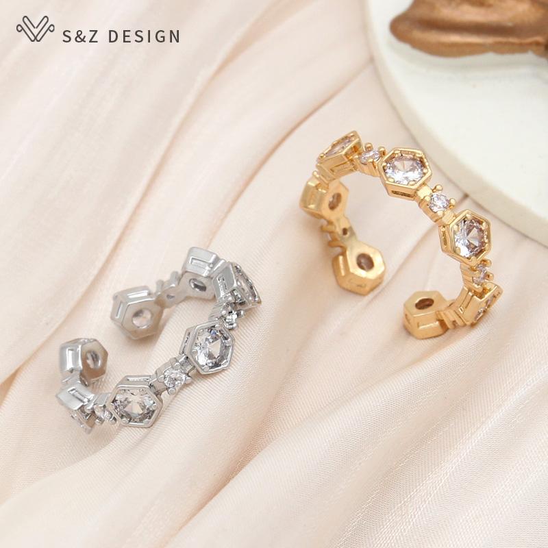 Fashion Hexagon Adjustable Cubic Zirconia Honeycomb Rings For Women Champagne Gold Color Trendy Jewelry Gift
