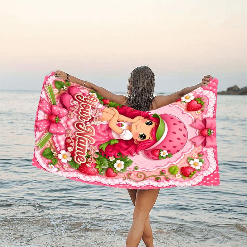 1pc Princess Strawberry Beach Towel with Custom Name, Beach and Seaside Swimming Pool Equipment, Fashion Pattern, Rectangular, Travel Essential