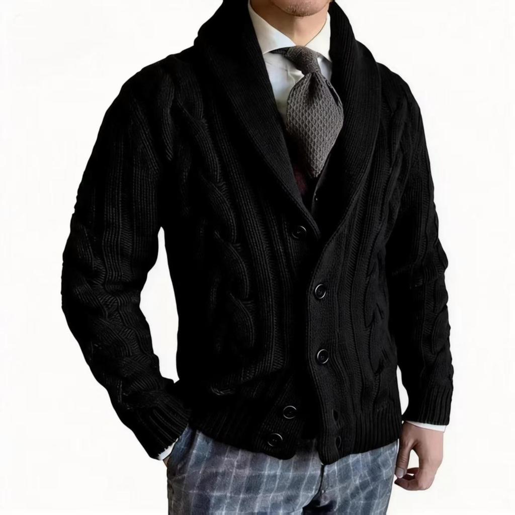 Pánský svetr s klopou a dlouhým rukávem, pletený copánkovým vzorem, jako kabátek - Podzimní/Zimní kolekce 2025