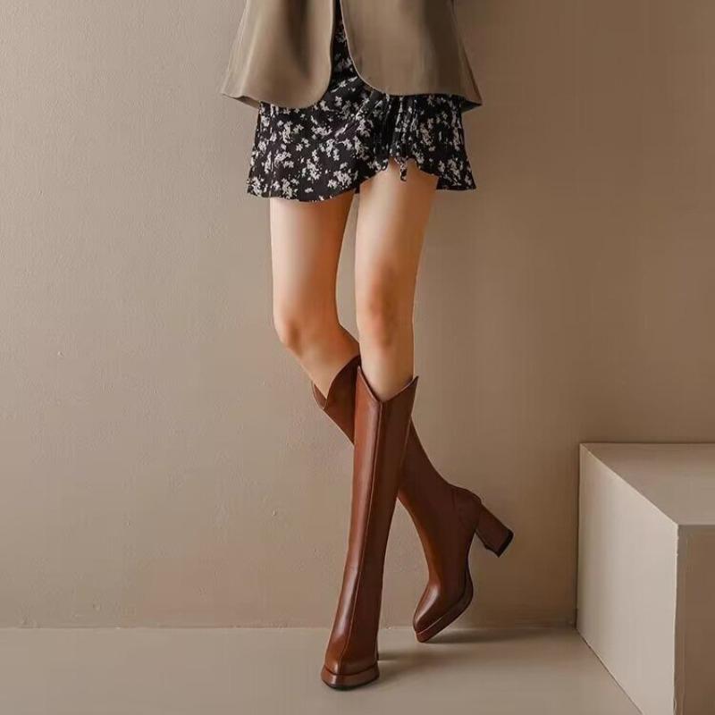 Women's Knee-high Boots Luxury Pointe Toe Leather Boots Fashion Thick Heel High Heel Boot Knight Booties Women Winter Long Boots