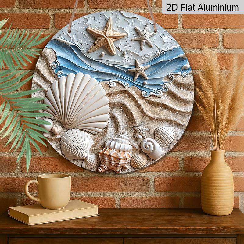 2D Flat, 1pc Round Aluminum Metal Sign Beach Starfish Shells Print Metal Sign, Waterproof & Rustproof, Perfect for Nautical Home, Beach House