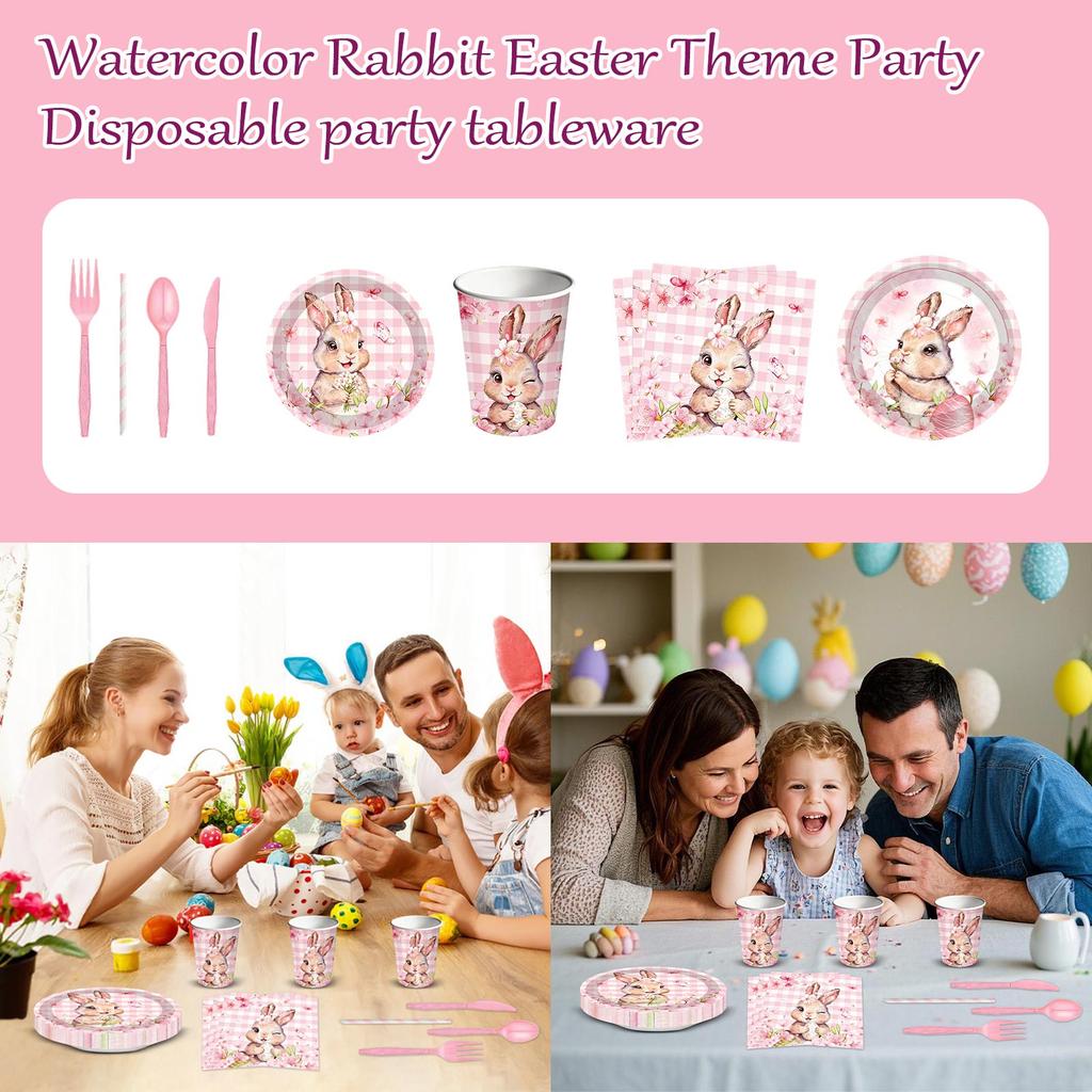 90 Pc Watercolor Easter Themed Party Paper Plates Paper Cups Tissue Paper Straws Disposable Party Tableware Decorations