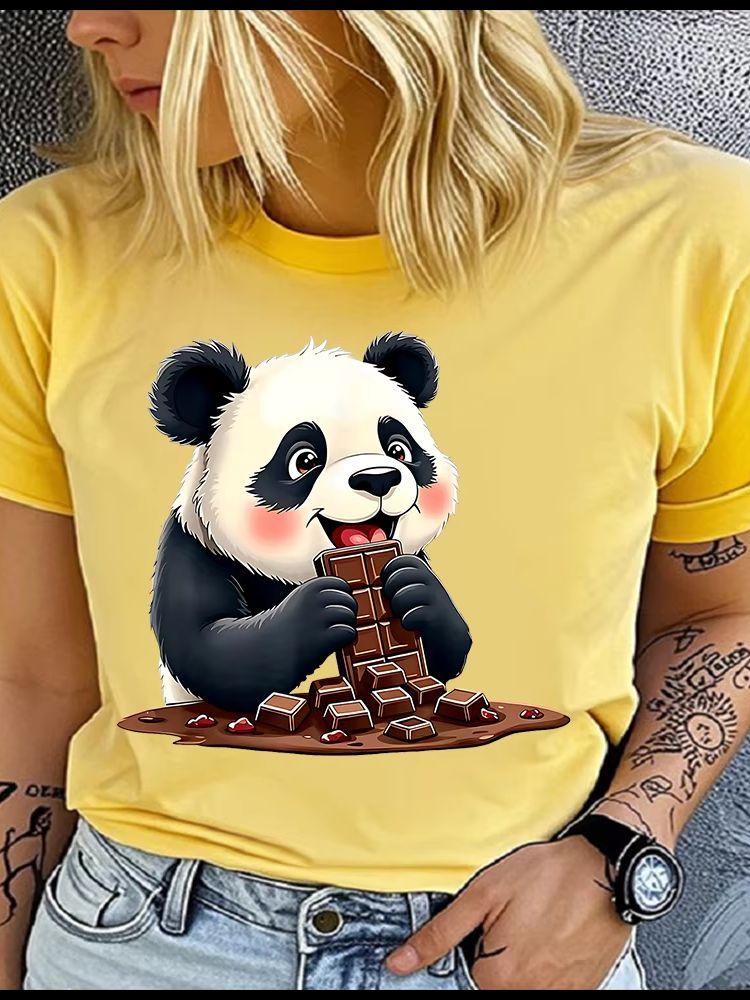 Unisex 100% Polyester Summer Top Happily holding the chocolate panda Print Loose round Neck Short Sleeve Fashion for Lovers