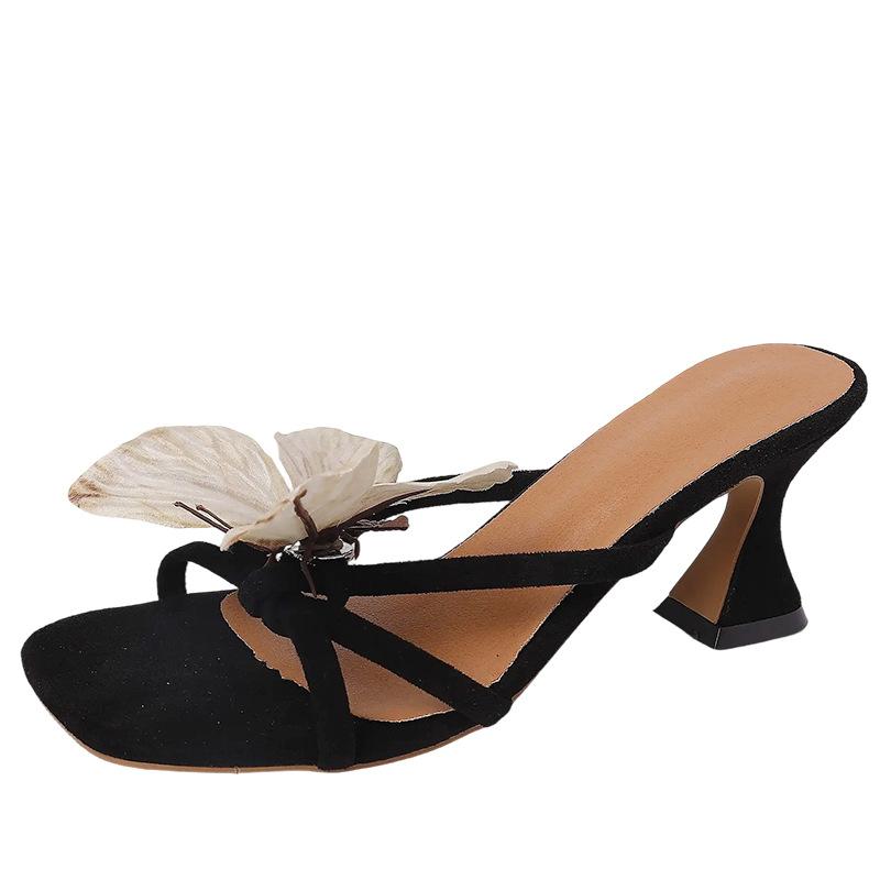 Weird aesthetics niche design butterfly one-word high-heeled slippers 2025 spring and summer temperament thick heel outer wear cool slippers