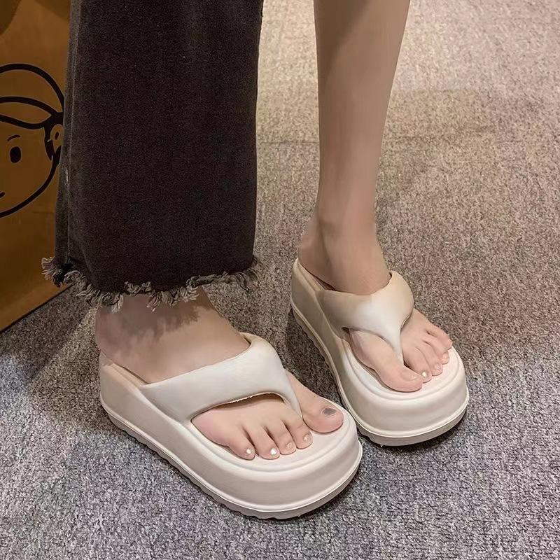 Simple flip-flops women's summer outer wear toe non-slip muffin thick-soled high-heeled seaside beach cool slippers