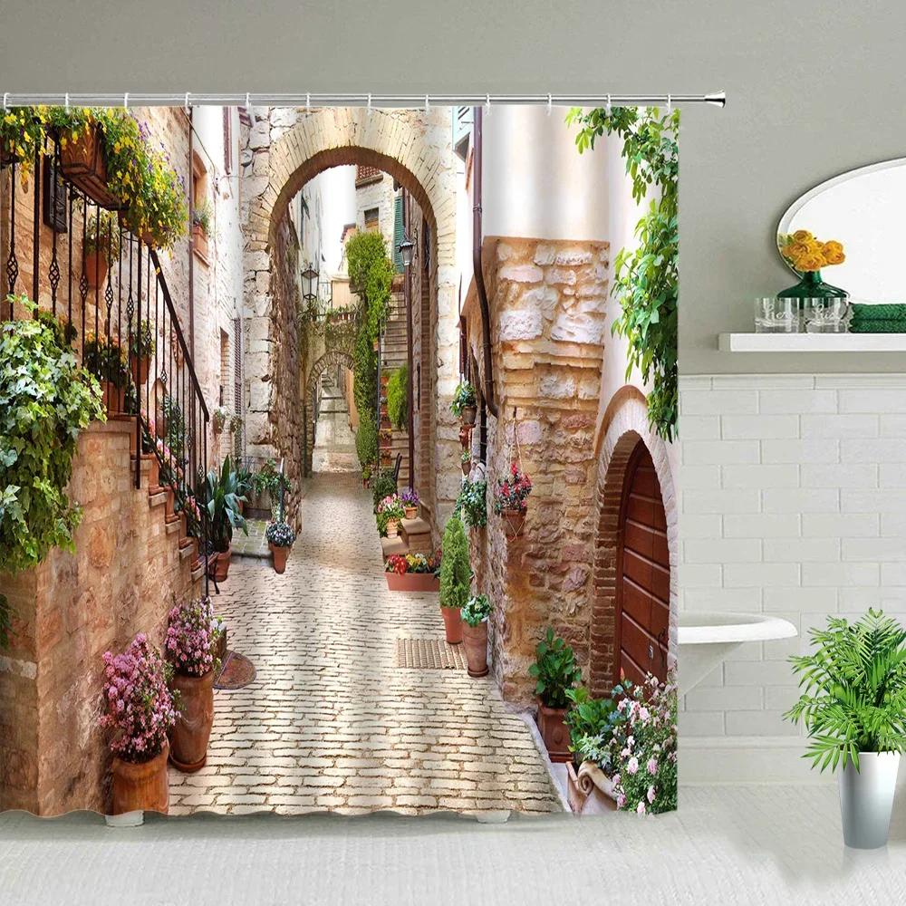 3D Landscape Shower Curtain Garden Wooden Bridge Plant Tree Flower Natural Scenery Bathroom Decor Hanging Wall Fabric Curtain
