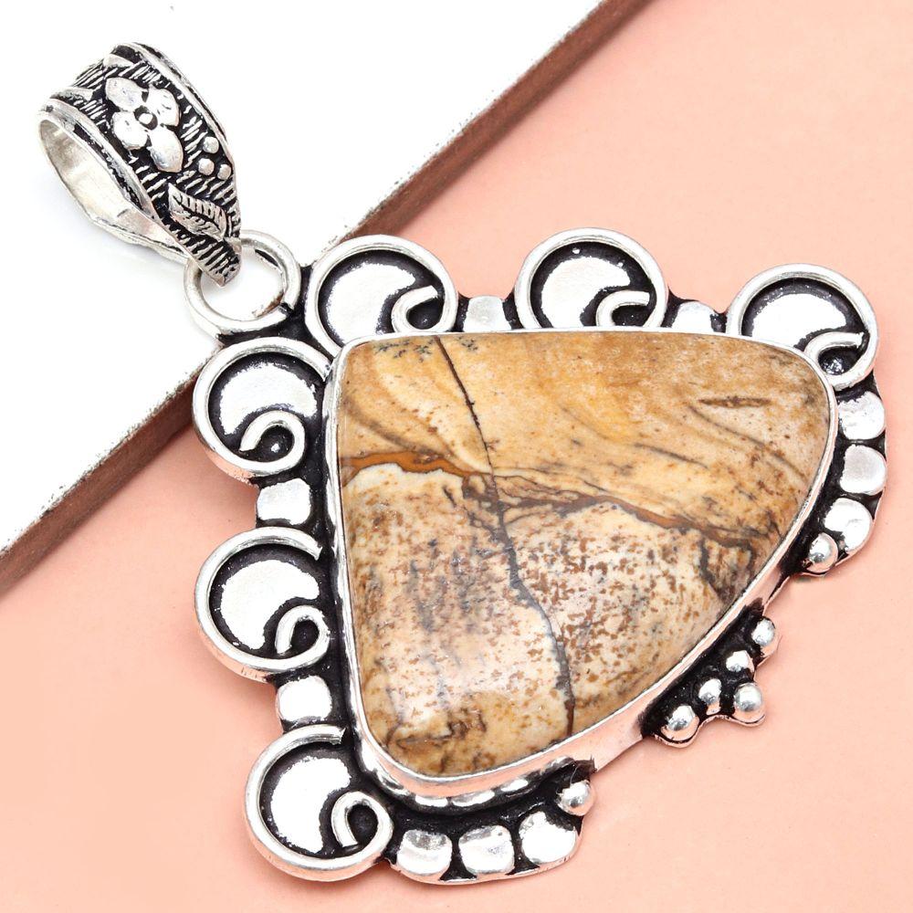 Pendant Picture Jasper Gemstone Gift For Her Silver Jewelry 1.75"