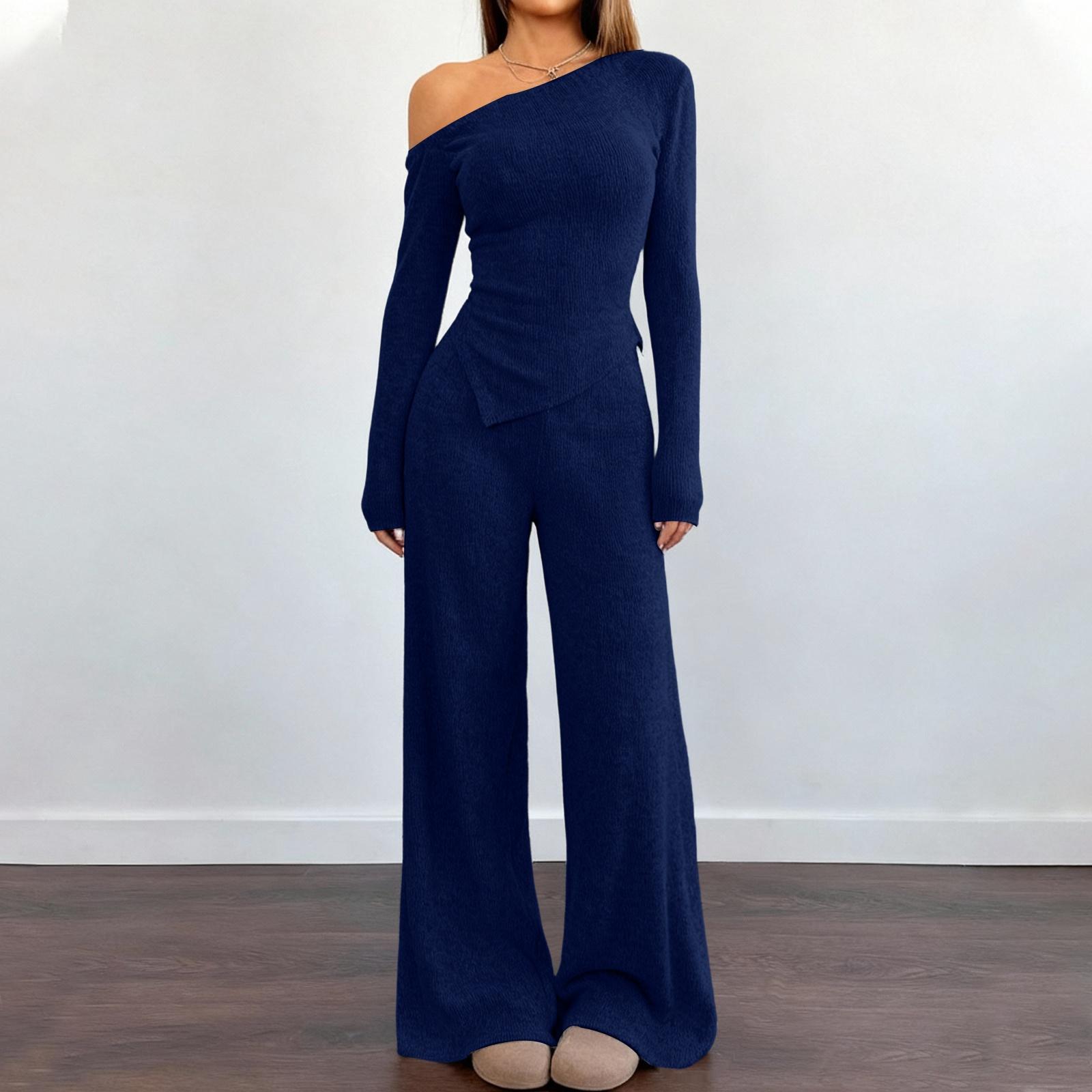 

Women s 2 Piece Solid Color Casual Sportswear Long Pants Set XL тёмно-синий