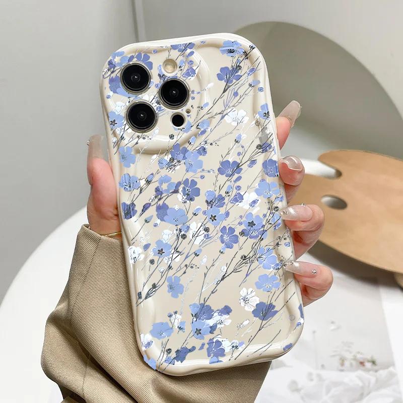 Fresh Small Blue Floral Silicone Phone Case For iPhone 11 12 13 14 15 16 17 Pro Max Air 16E XS XR 14 Plus Shockproof Soft Cover