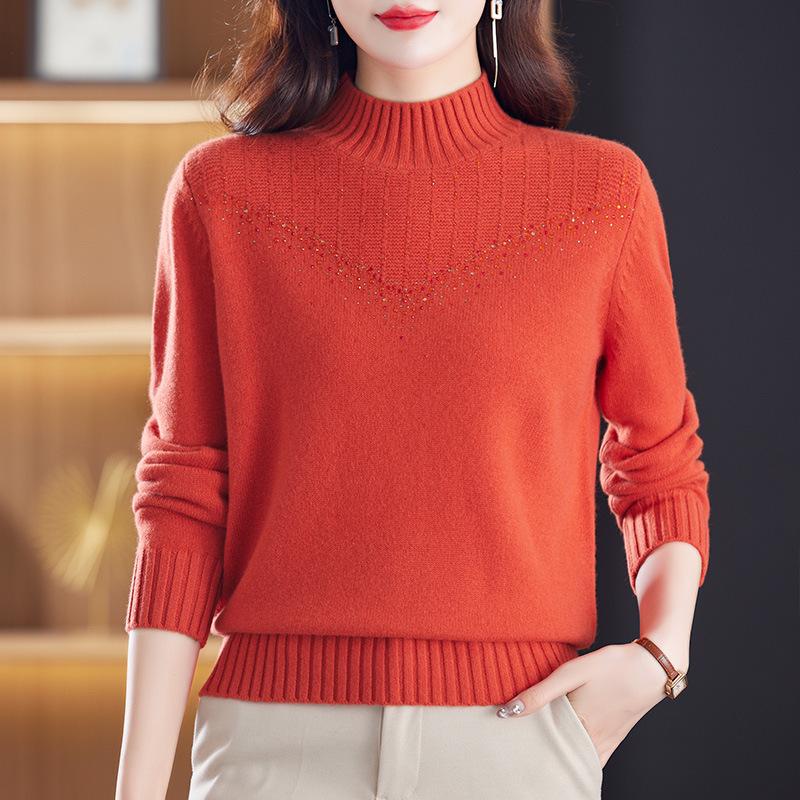 Women's Thick 100% Pure Wool Half-High Collar Sweater - New Autumn/Winter Style for Middle-Aged and Elderly