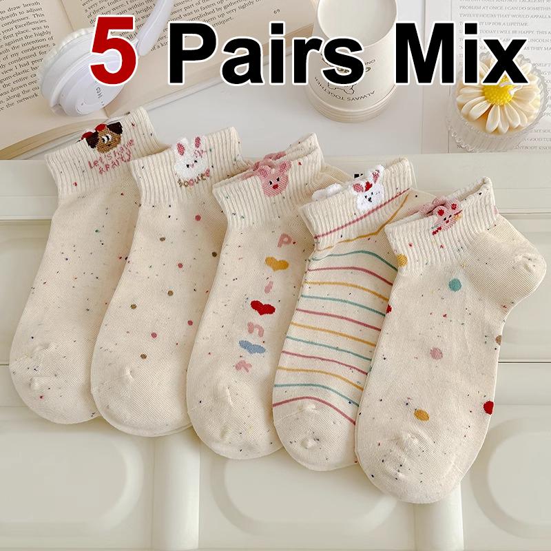 

5/10 пар женских коротких носков в горошек с милым мультяшным узором, весна/лето, впитывающие пот, дышащие, повседневные носки One Size