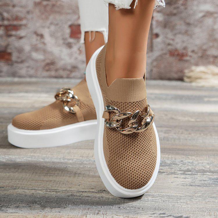Chunky Sole Fly-Knit Slip-On Loafers with Chain Decoration - Women's Breathable Low-Top Shoes