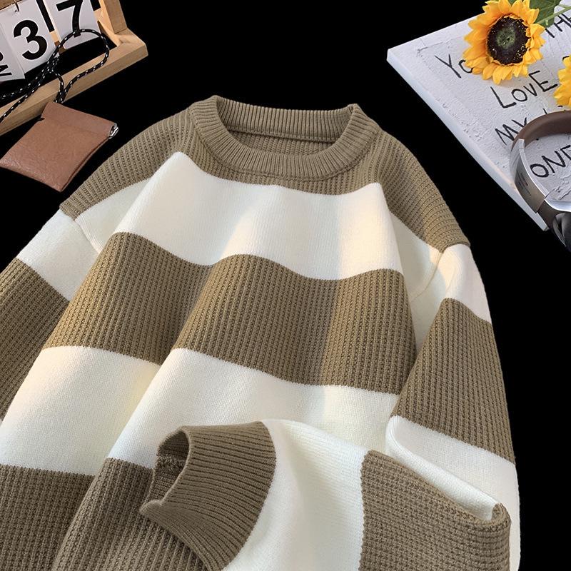 Men's Striped Crew Neck Sweater, 2024 Autumn/Winter Teen Casual, Loose Fit, Color Block, Lazy Style Knitted Cardigan.