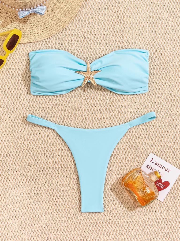 Solid Tie Side Starfish Decor Sexy Two Piece Bikini Swimsuit Fashion Elegant For Vacation
