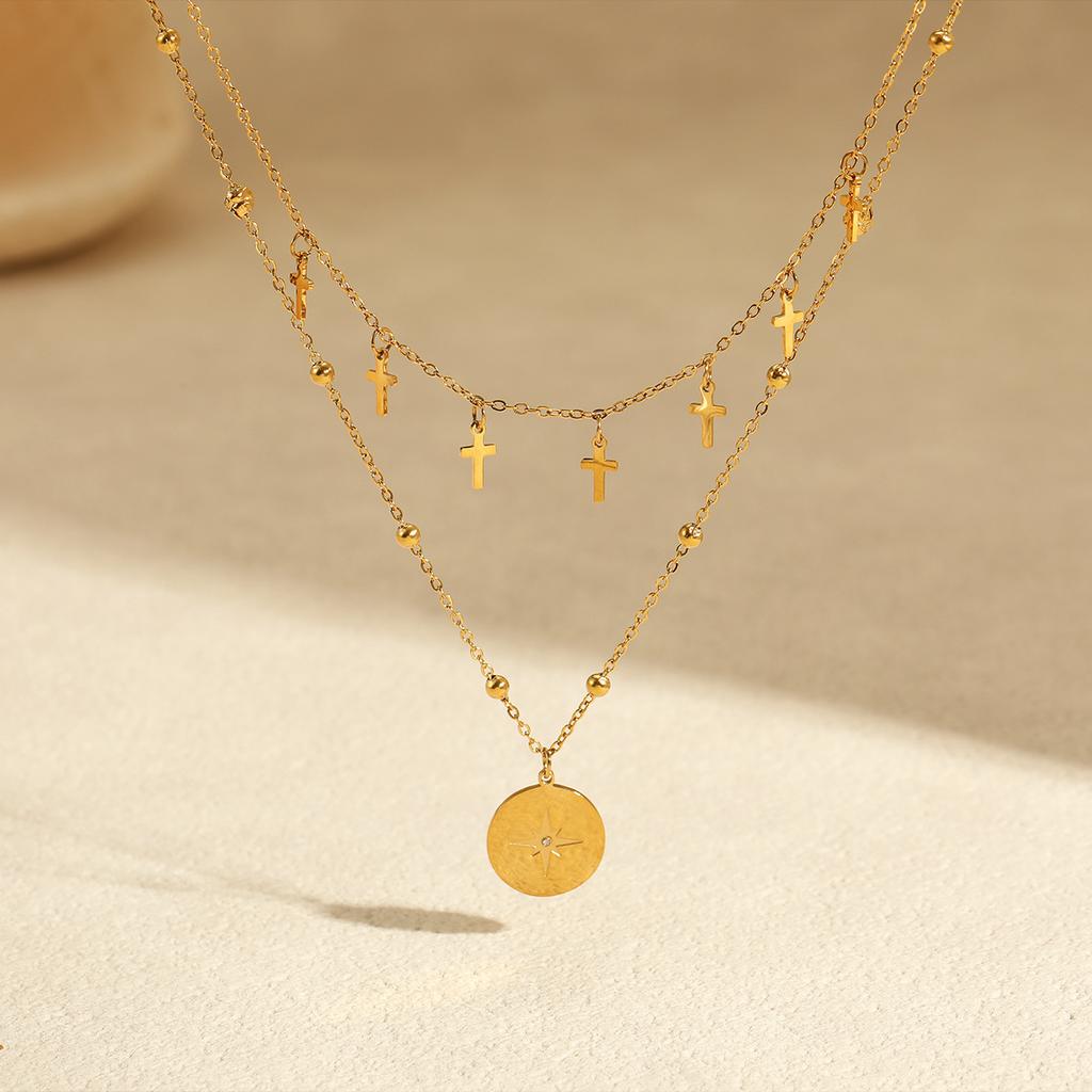 European and American Fashion Retro Double Layer Twin Titanium Steel Necklace Cross Awn Star Round Brand Stainless Steel Necklace