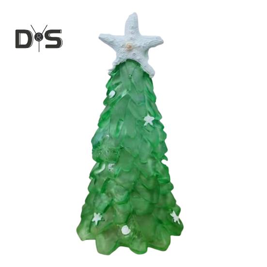 12/15/20CM Seaglass Christmas Tree Decoration Blue Green Sea Glass Starfish Shell Ocean-themed Xmas Tree Figurine Holiday Resin Tree Desktop Ornament