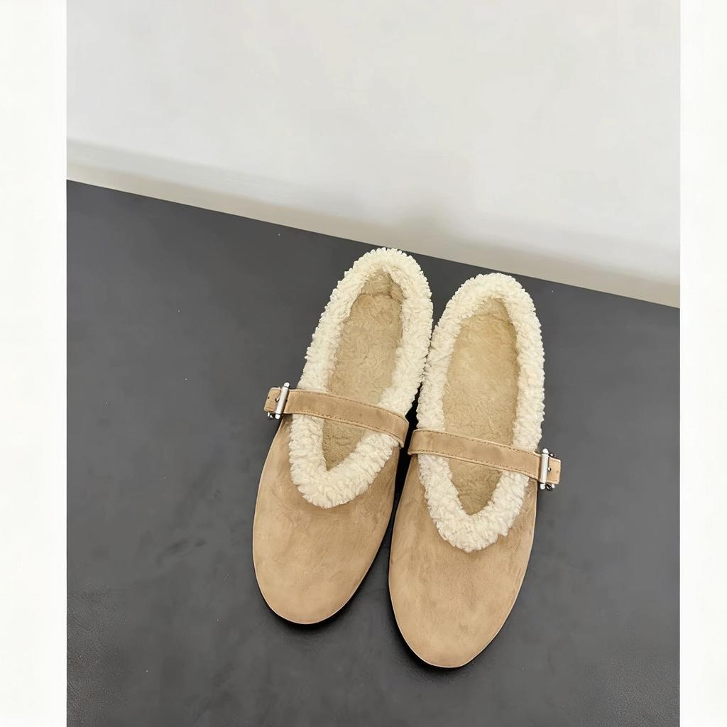 Wool Mary Janes Women Flats Heels Lambs Fur Shoes Ladies Belt Buckle Furry Ballerines Cozy Warm Loafers Female