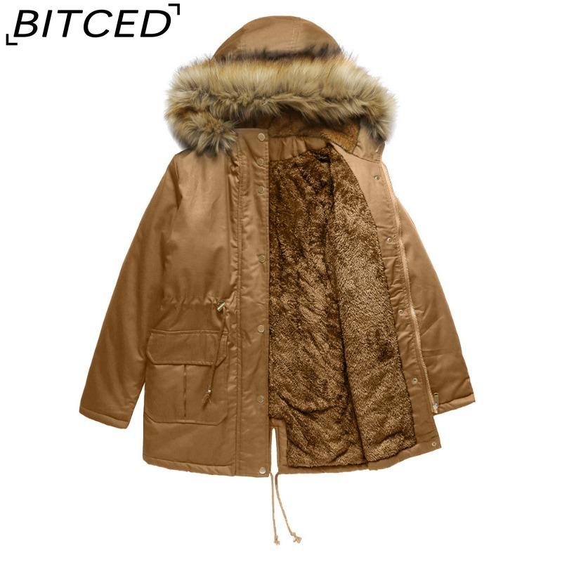 BITCED Fleece-Lined Cotton Coat with Hood and Fur Collar Winter Warmth Outerwear Plus Size Women's Cotton Jacket