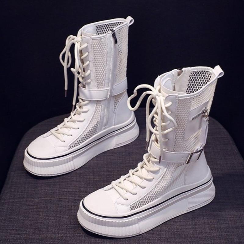 Sommer Damen Cool Boots Mode High Top Freizeit Hollow Boots Seitenreißverschluss Mid-Calf Boots für Damen Lässige Plateau-Stiefel Botas