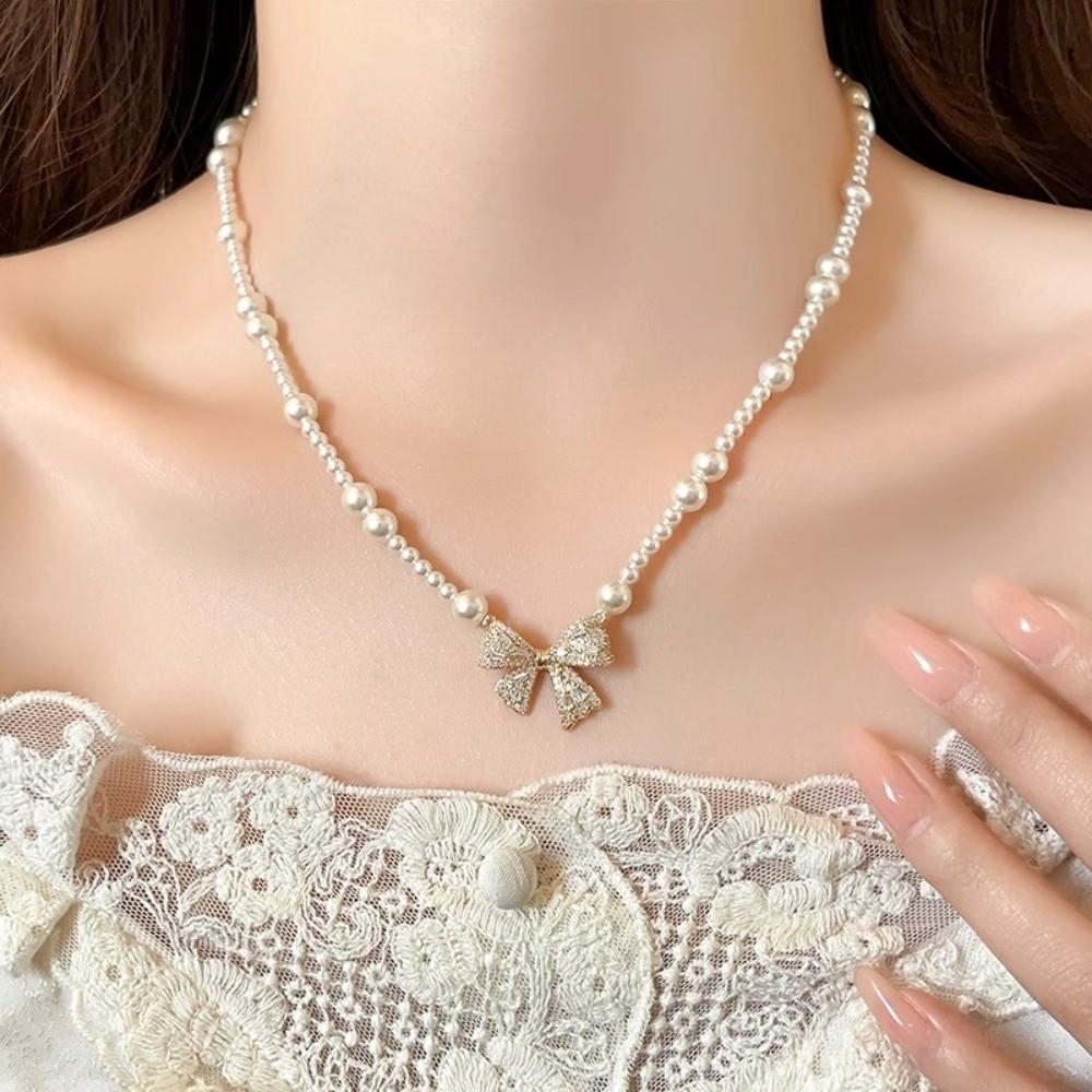 Clavicle Chain Silver Bowknot Necklace Pearl Simple Pendant Chain Bow Necklace Pendant  Girls/Women