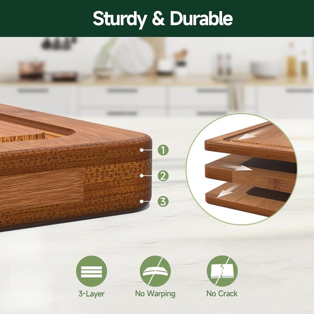 3-Piece Set Bamboo Cutting Board for Kitchen - Crack-Resistant Wood Chopping Boards with Deep Juice Grooves, Pre-Oiled Butcher Block for Meat,