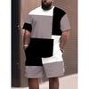 Men's 3D Digital Printing Shorts and Short Sleeve Set Black Gray White Checkered Patchwork Plus Size Men's Clothing, PLUS SIZE