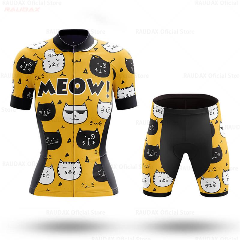 Women's Cycling Jersey Set Pink Cartoon Cat Summer Short Sleeve Breathable MTB Bike Cycling Clothing Maillot Ropa Ciclismo Mujer