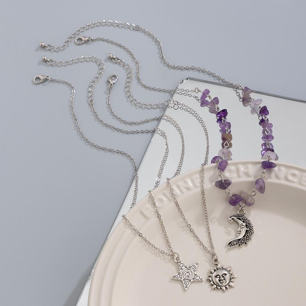 Retro Moon Sun Star Pendant Necklace Women Multilayer Jewelry Accessories