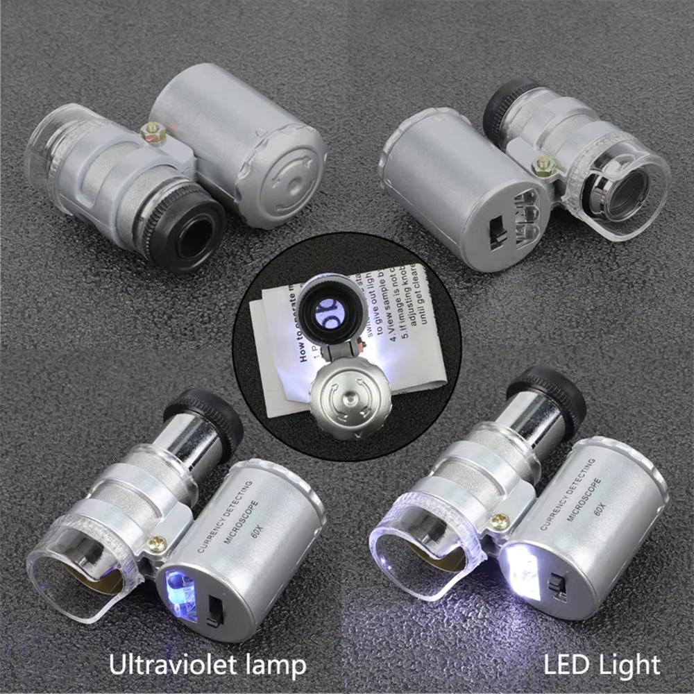 Mini 60x Microscope (with LED Light) HD Magnifier Handheld Portable Mini Magnifier Banknote Examining Identification Pocket Jewe