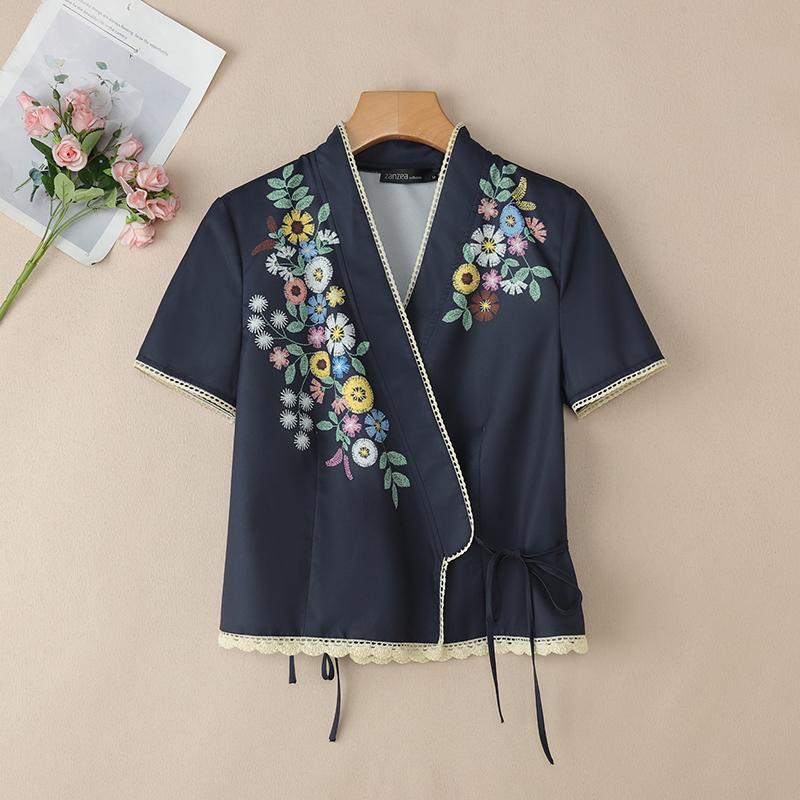 

ZANZEA Женская повседневная летняя блузка с V-образным вырезом и короткими рукавами с цветочным принтом 3XL тёмно-синий