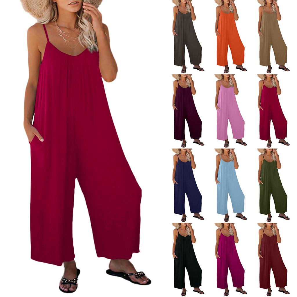 Women's Color Overalls Sleeveless Vest Pocket Casual Jumpsuit