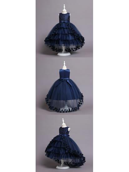 Children's Formal Puffy Princess Wedding Dress with Lace Train for Catwalk and Performances