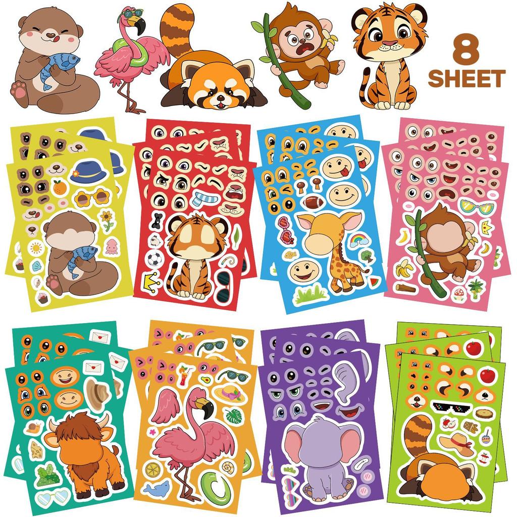 8Sheets Children DIY Puzzle Sticker Games Animals Make A Face Assemble Jigsaw Stickers Kids Educational Toys