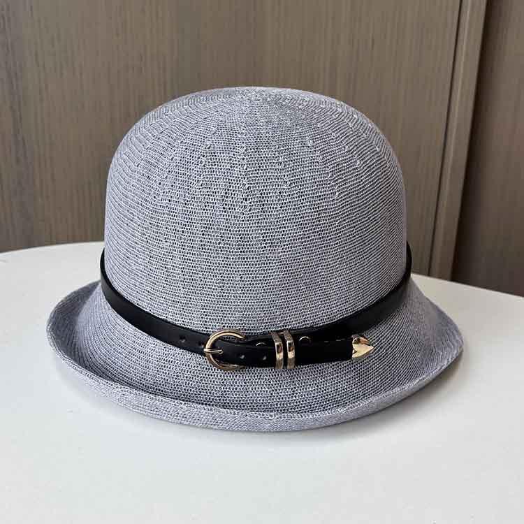 Spring and summer knitted thin belt buckle top hat British retro travel sunscreen sun hat fashion versatile basin hat