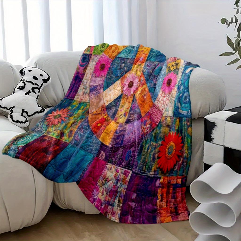 Vibrant Peace Sign Print Patchwork Quilt, Colorful Floral Polyester All-Season Throw for Sofa Bed, Home Decor & Gift