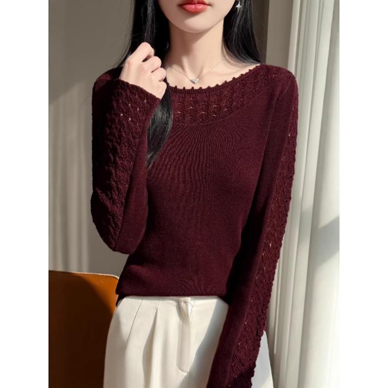 Women S Long Sleeve Knit Sweater One Neck Crochet Hollow Basic Top
