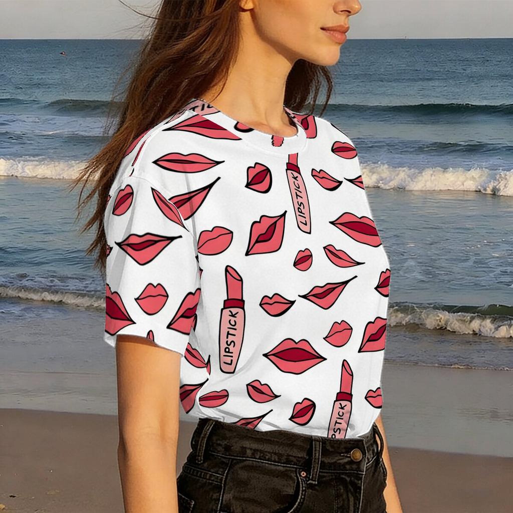Simple and Personalized Lipstick Lip Print Short Sleeved Round Neck T-shirt for Women's Summer Casual Versatile Daily Top