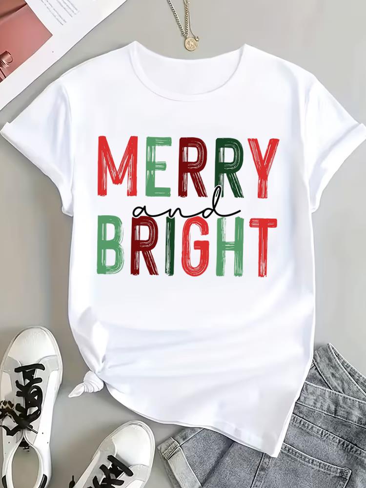 (Asian Size) Peace Trend Christmas Clothing T Shirt Tee Top Festival New Year Women Fashion Print Female Woman Short Sleeve Graphic T-shirts