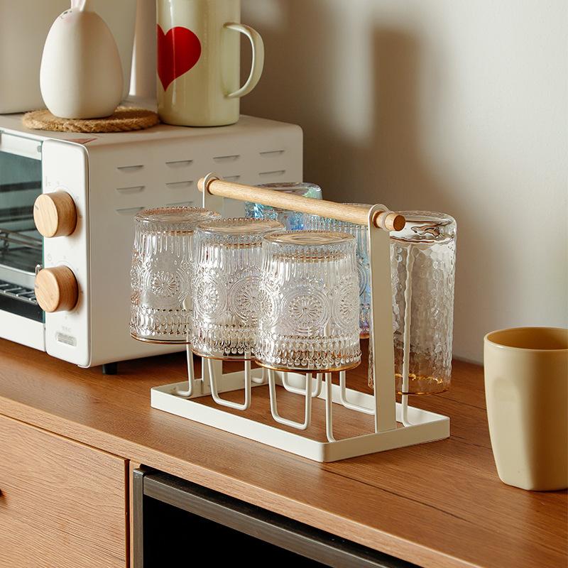 Portable Iron Cup Holder Household Coffee Cup Drain Rack Wooden Handrail Glass Holder Kitchen Living Room Cup Storage Shelf