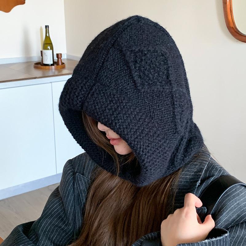 Korean Winter New Version of Balaclava Hat for Women's Warm Thick Crumpled Horn Buckle Ear Protection Head Hat