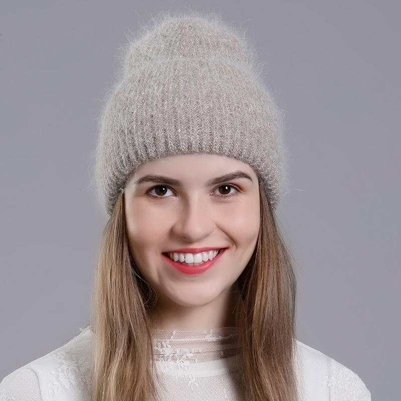 

Зимняя шапка, модные шапки из натурального кроличьего меха для женщин, теплые шапки Skullies с блестками, вязаные шапки с высокими отбортовками One Size хаки