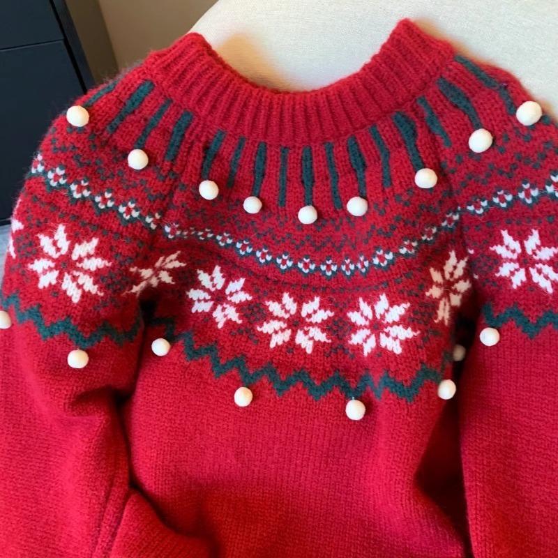 Christmas Atmosphere Red Jacquard Sweater Women's Spring New Retro Lazy Wind Knitted Sweater Top